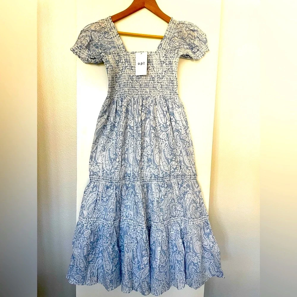 XS/S OPT: Quality Cotton Midi Dress Fitted Torso Paisley Light Blue/White NWT! - Picture 2 of 8